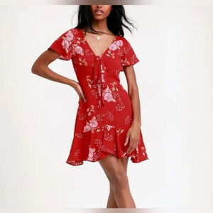 BB Dakota Love Back Atcha hyper bloom red floral ruffled tie mini dress size 8